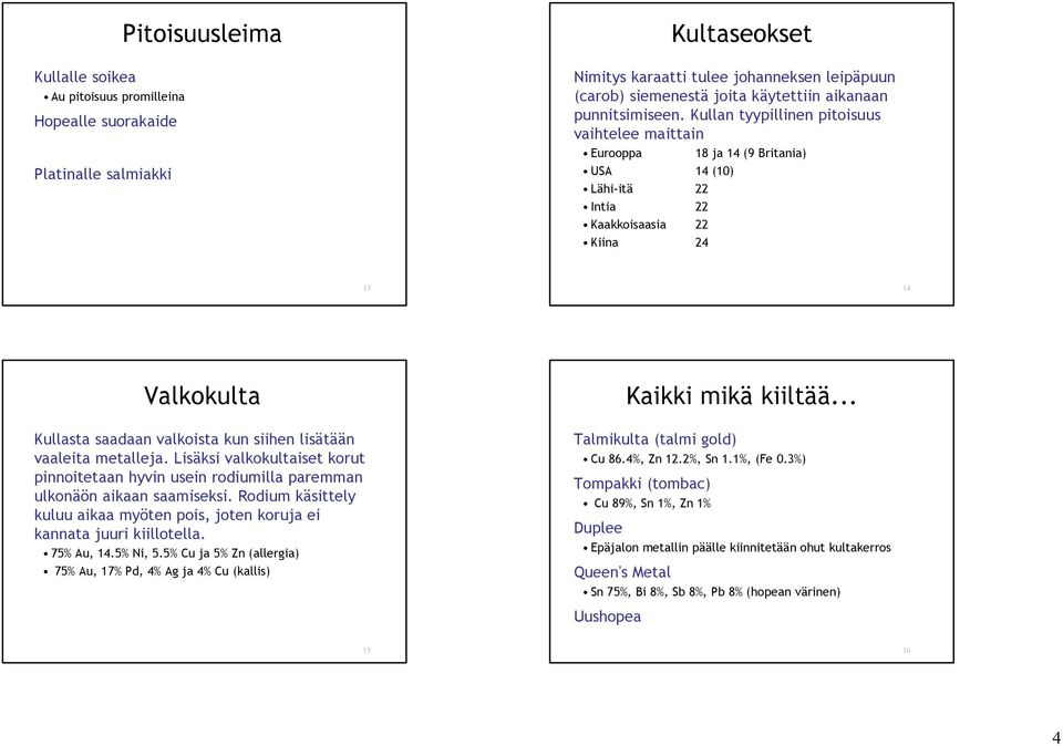 Kullan tyypillinen pitoisuus vaihtelee maittain Eurooppa 18 ja 14 (9 Britania) USA 14 (10) Lähi-itä 22 Intia 22 Kaakkoisaasia 22 Kiina 24 13 14 Valkokulta Kullasta saadaan valkoista kun siihen