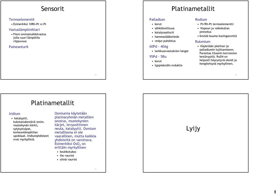 kuningasvettä Rutenium Käytetään platinan ja palladiumin lujittamiseen. Parantaa titaanin korroosion kestävyyttä. RuO4 on helposti höyrystyvä oksidi ja hengitettynä myrkyllinen.