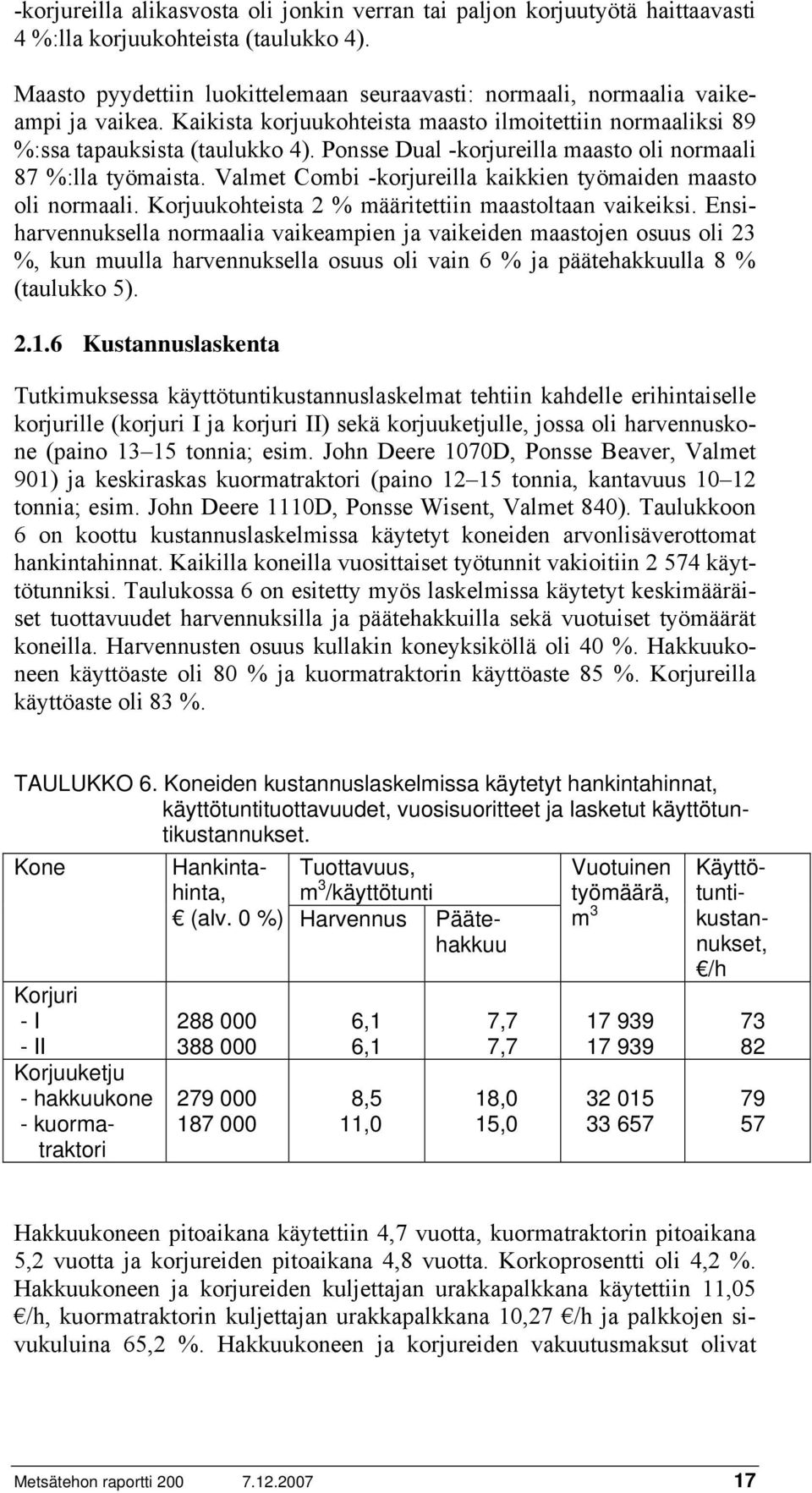 Ponsse Dual -korjureilla maasto oli normaali 87 %:lla työmaista. Valmet Combi -korjureilla kaikkien työmaiden maasto oli normaali. Korjuukohteista 2 % määritettiin maastoltaan vaikeiksi.