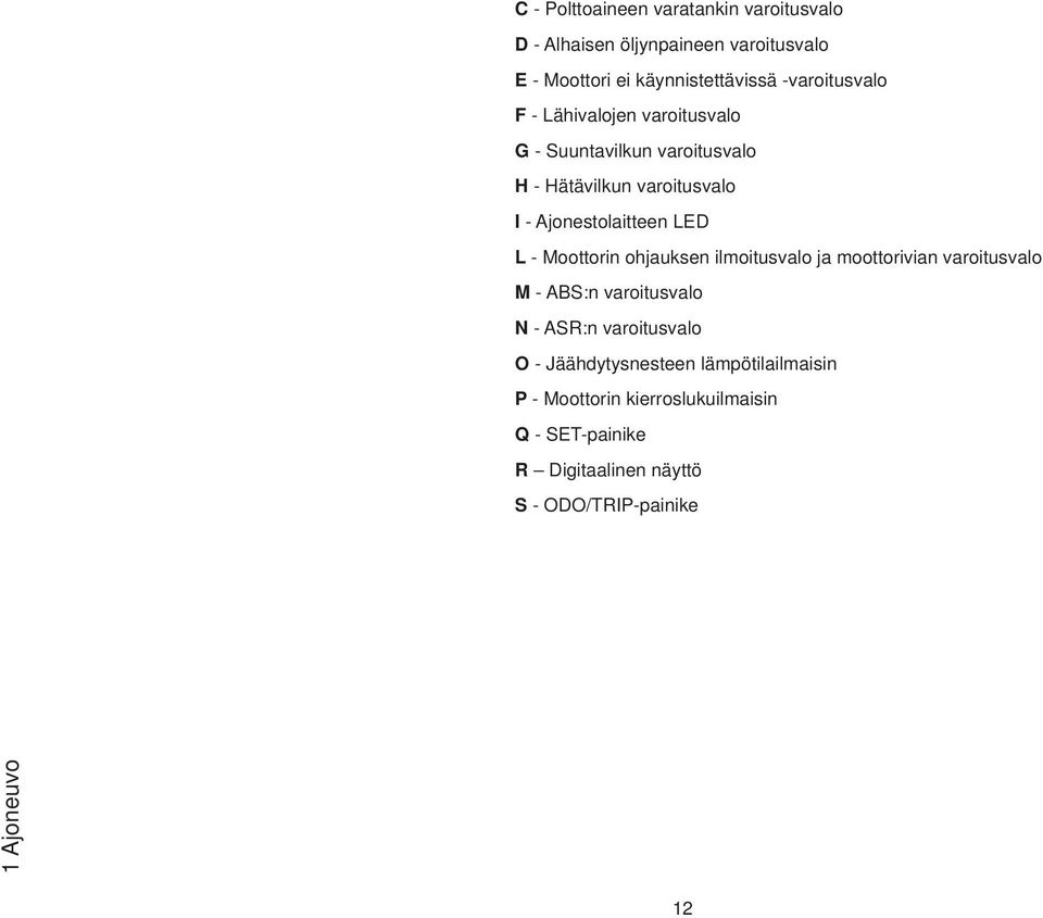 LED L - Moottorin ohjauksen ilmoitusvalo ja moottorivian varoitusvalo M - ABS:n varoitusvalo N - ASR:n varoitusvalo O -