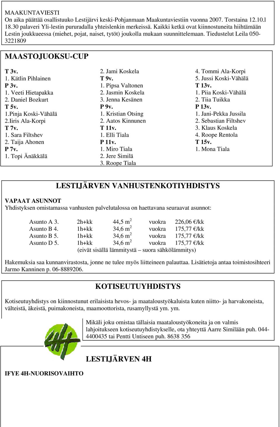 Kätlin Pihlainen P 3v. 1. Veeti Hietapakka 2. Daniel Bozkurt T 5v. 1.Pinja Koski-Vähälä 2.Iiris Ala-Korpi T 7v. 1. Sara Filtshev 2. Taija Ahonen P 7v. 1. Topi Änäkkälä 2. Jami Koskela T 9v. 1. Pipsa Valtonen 2.