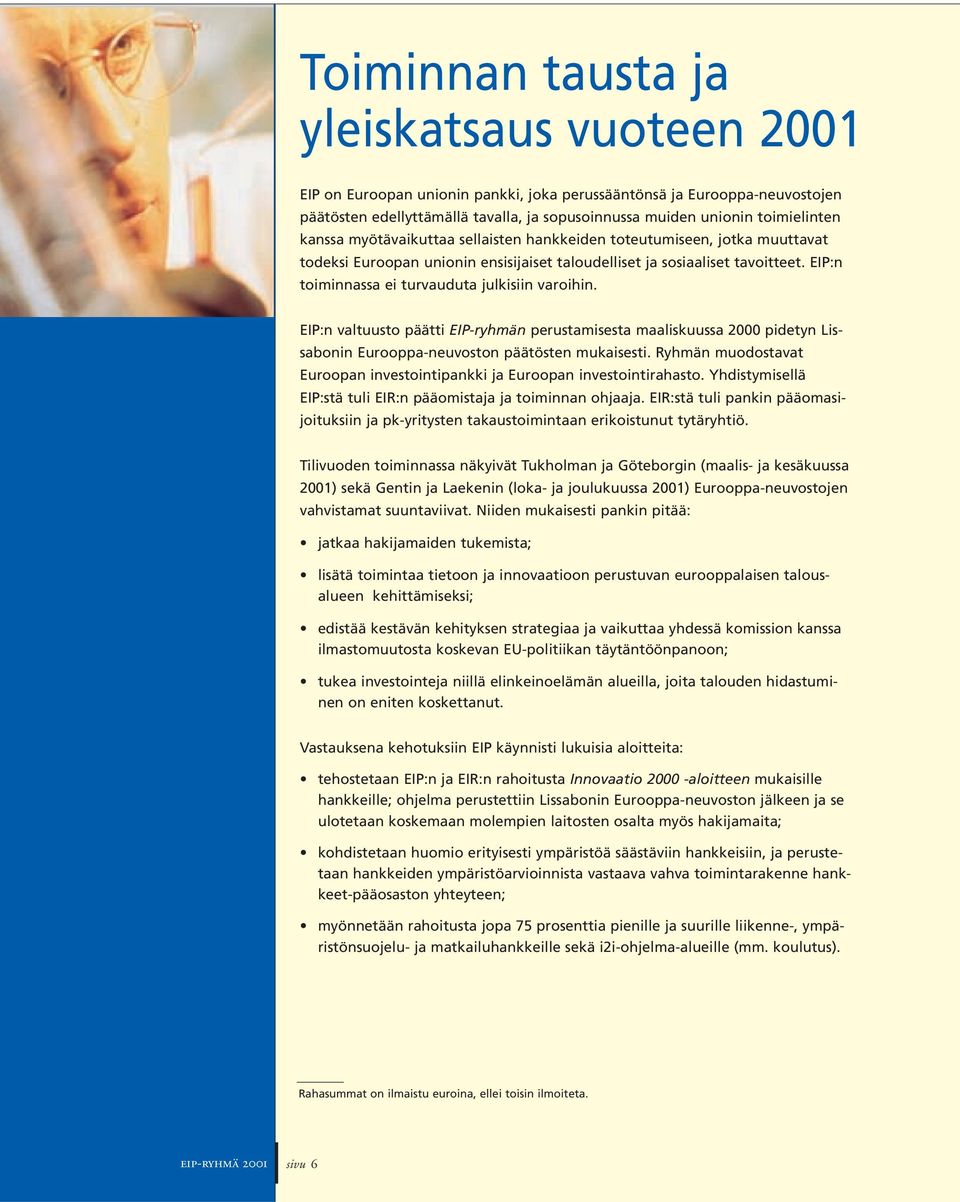 EIP:n toiminnassa ei turvauduta julkisiin varoihin. EIP:n valtuusto päätti EIP-ryhmän perustamisesta maaliskuussa 2000 pidetyn Lissabonin Eurooppa-neuvoston päätösten mukaisesti.