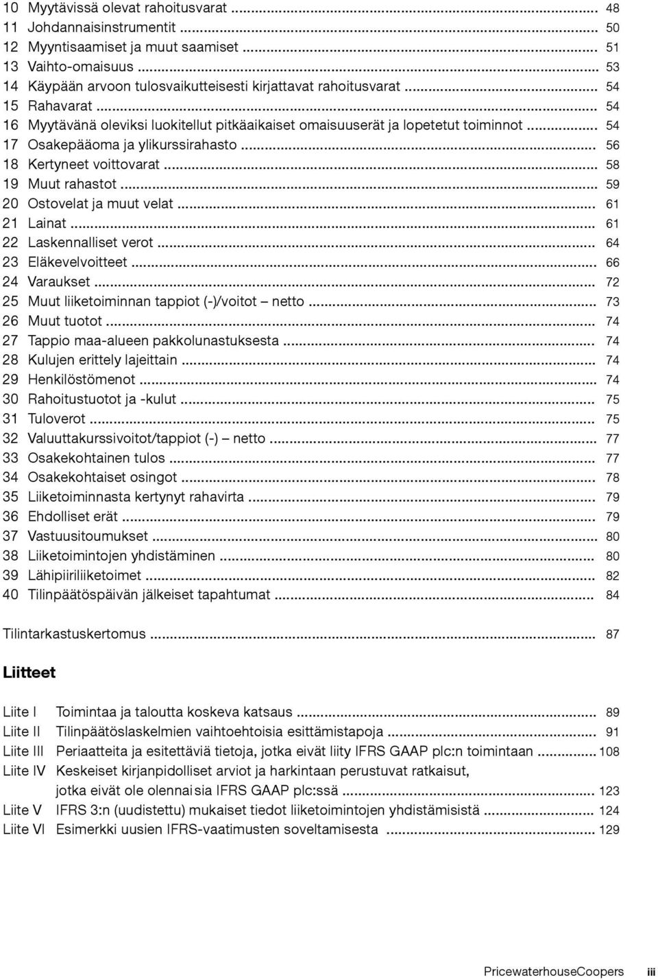 .. 54 17 Osakepääoma ja ylikurssirahasto... 56 18 Kertyneet voittovarat... 58 19 Muut rahastot... 59 20 Ostovelat ja muut velat... 61 21 Lainat... 61 22 Laskennalliset verot... 64 23 Eläkevelvoitteet.