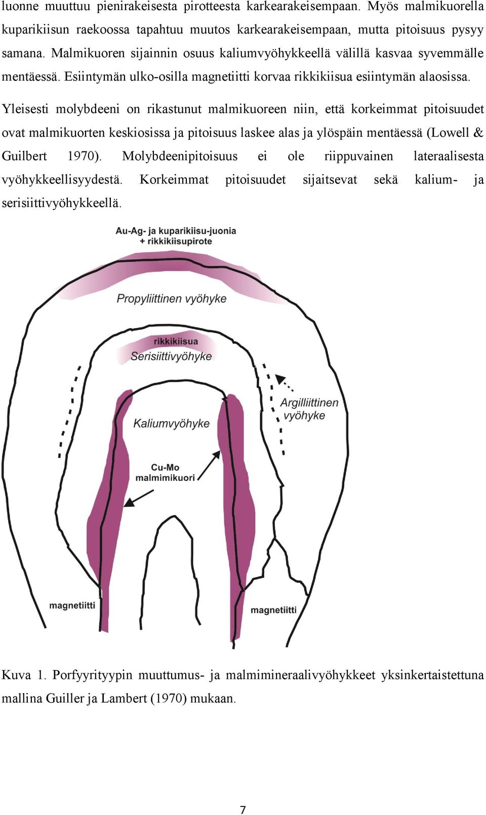 Yleisesti molybdeeni on rikastunut malmikuoreen niin, että korkeimmat pitoisuudet ovat malmikuorten keskiosissa ja pitoisuus laskee alas ja ylöspäin mentäessä (Lowell & Guilbert 1970).