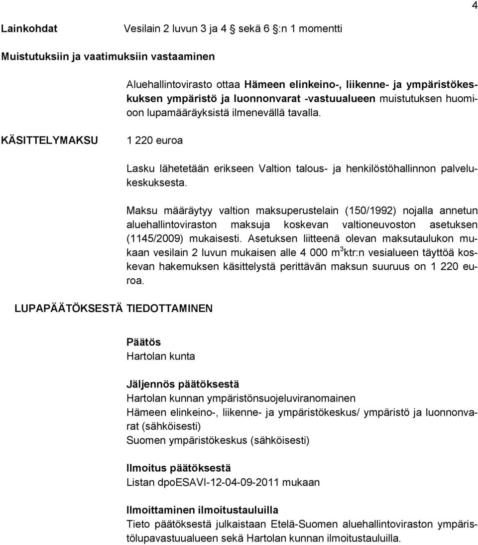 KÄSITTELYMAKSU 1 220 euroa LUPAPÄÄTÖKSESTÄ TIEDOTTAMINEN Lasku lähetetään erikseen Valtion talous- ja henkilöstöhallinnon palvelukeskuksesta.