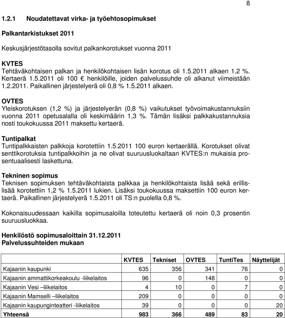 2011 alkaen 1,2 %. Kertaerä 1.5.2011 oli 100 henkilöille, joiden palvelussuhde oli alkanut viimeistään 1.2.2011. Paikallinen järjestelyerä oli 0,8 % 1.5.2011 alkaen. OVTES Yleiskorotuksen (1,2 %) ja järjestelyerän (0,8 %) vaikutukset työvoimakustannuksiin vuonna 2011 opetusalalla oli keskimäärin 1,3 %.