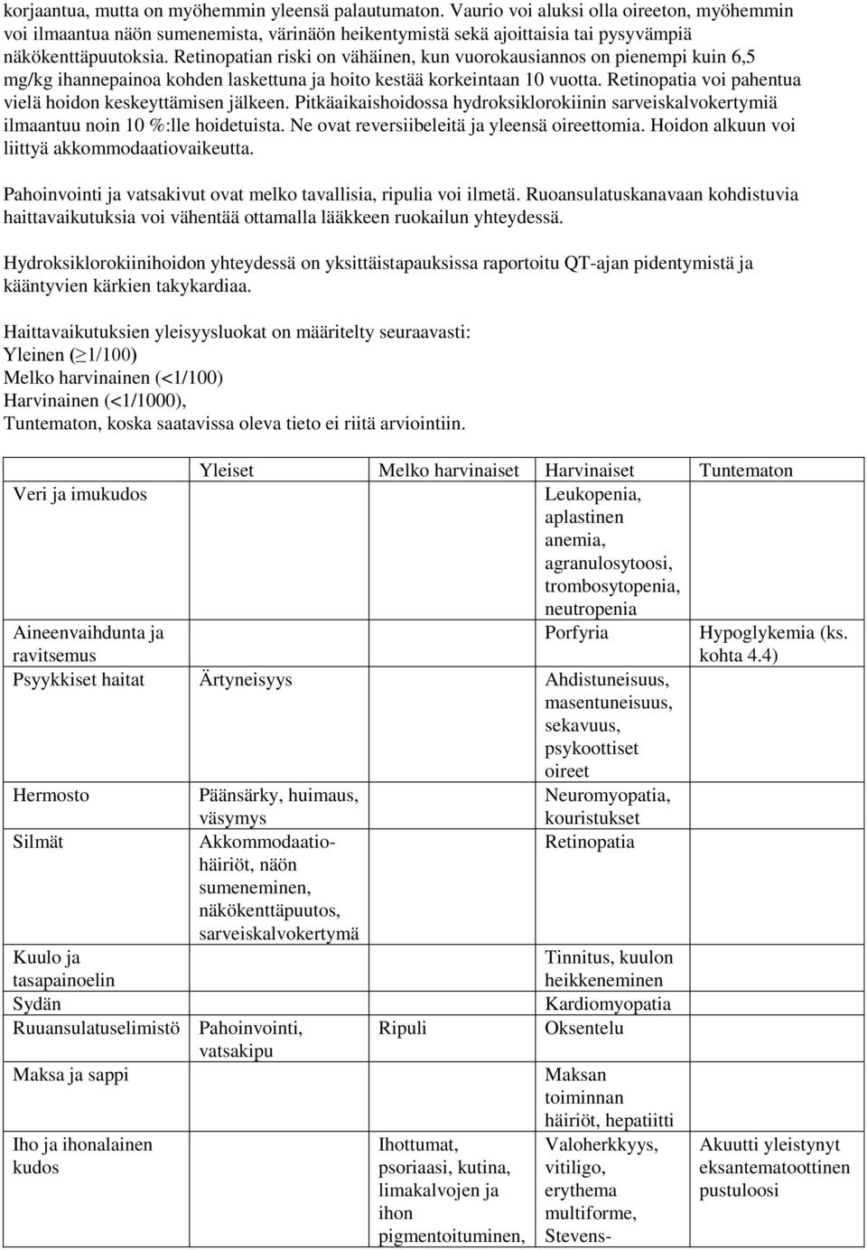 Retinopatian riski on vähäinen, kun vuorokausiannos on pienempi kuin 6,5 mg/kg ihannepainoa kohden laskettuna ja hoito kestää korkeintaan 10 vuotta.