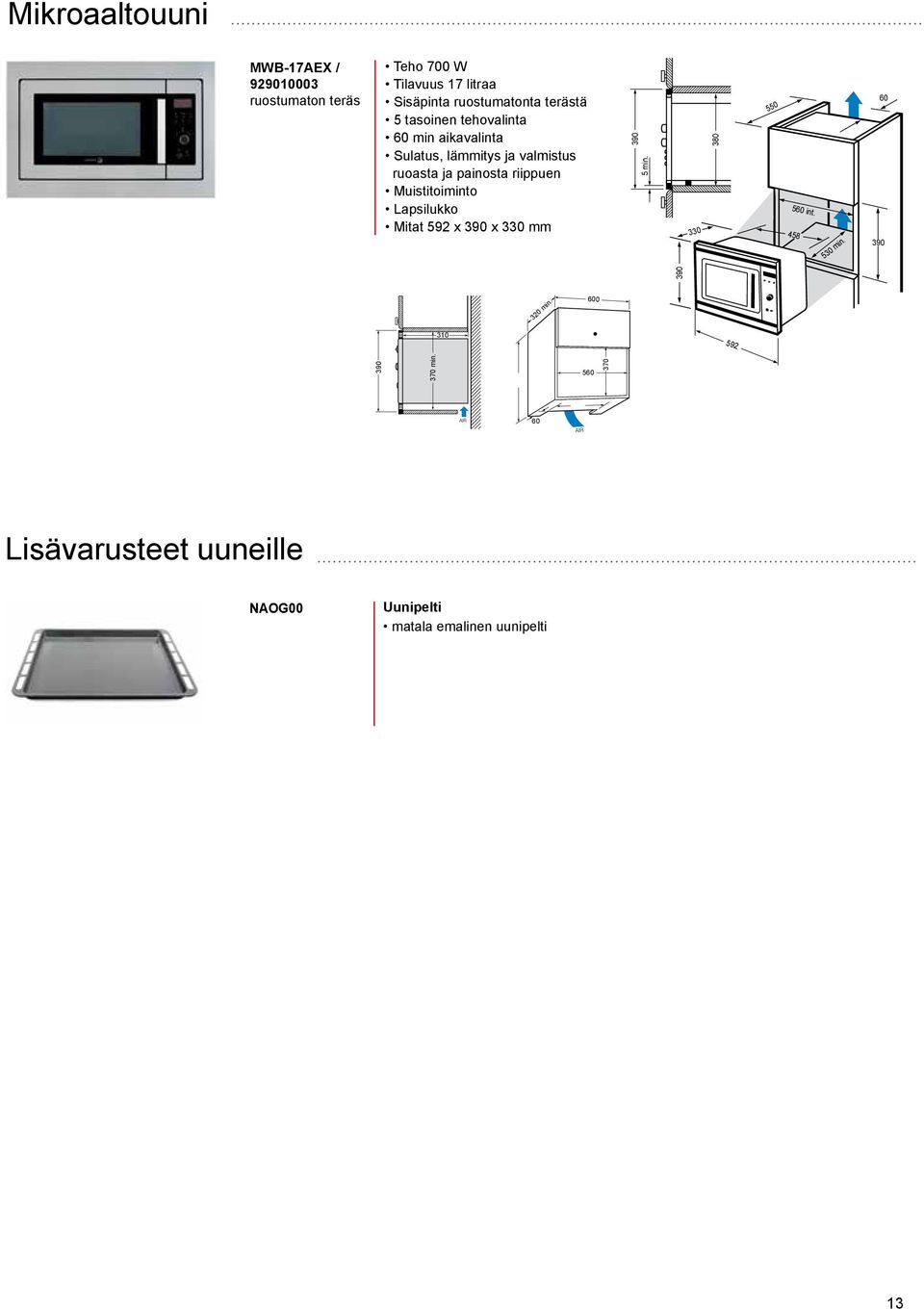 Muistitoiminto Lapsilukko Mitat 592 x 390 x 330 mm 390 5 min. 330 380 550 560 int. 458 530 min.