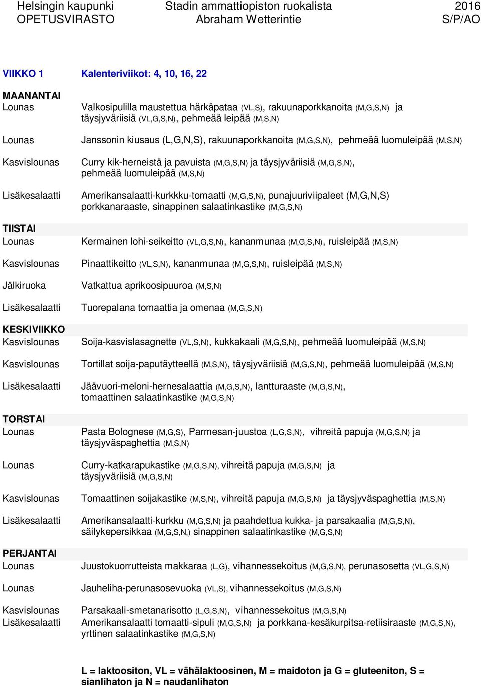 Kermainen lohi-seikeitto (VL,G,S,N), kananmunaa (M,G,S,N), ruisleipää (M,S,N) Pinaattikeitto (VL,S,N), kananmunaa (M,G,S,N), ruisleipää (M,S,N) Vatkattua aprikoosipuuroa (M,S,N) Tuorepalana tomaattia