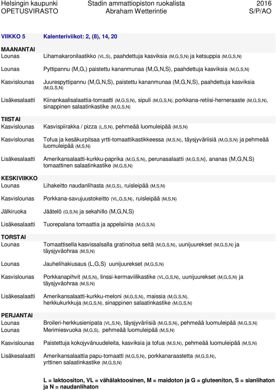 (M,G,S,N), Kasvispiirakka / pizza (L,S,N), Tofua ja kesäkurpitsaa yrtti-tomaattikastikkeessa (M,S,N), täysjyväriisiä (M,G,S,N) japehmeää luomuleipää (M,S,N) Amerikansalaatti-kurkku-paprika (M,G,S,N),