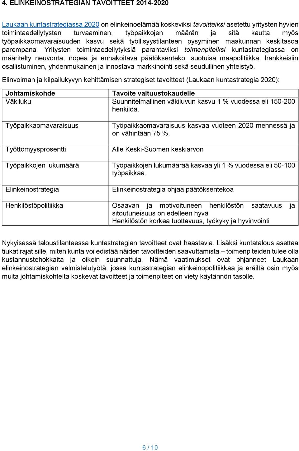 Yritysten toimintaedellytyksiä parantaviksi toimenpiteiksi kuntastrategiassa on määritelty neuvonta, nopea ja ennakoitava päätöksenteko, suotuisa maapolitiikka, hankkeisiin osallistuminen,