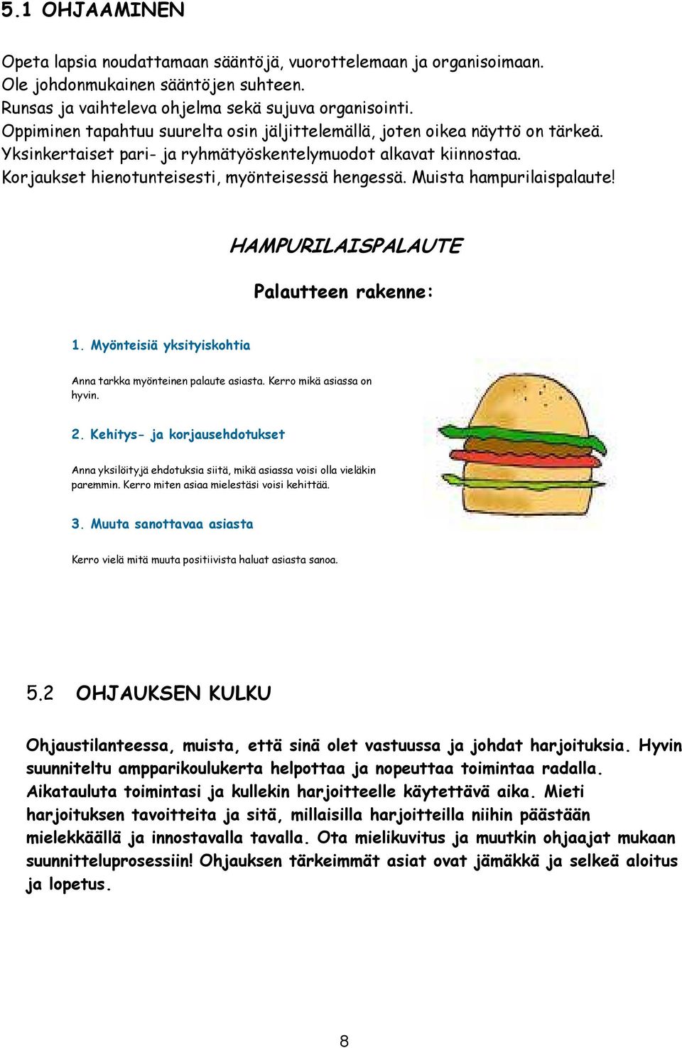 Muista hampurilaispalaute! HAMPURILAISPALAUTE Palautteen rakenne: 1. Myönteisiä yksityiskohtia Anna tarkka myönteinen palaute asiasta. Kerro mikä asiassa on hyvin. 2.