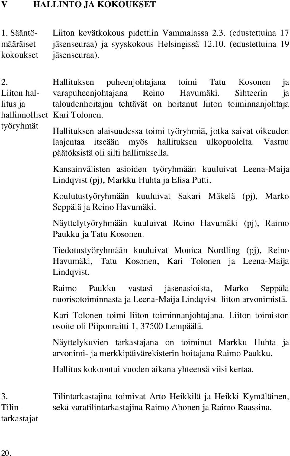Liiton hallitus ja hallinnolliset työryhmät Hallituksen puheenjohtajana toimi Tatu Kosonen ja varapuheenjohtajana Reino Havumäki.