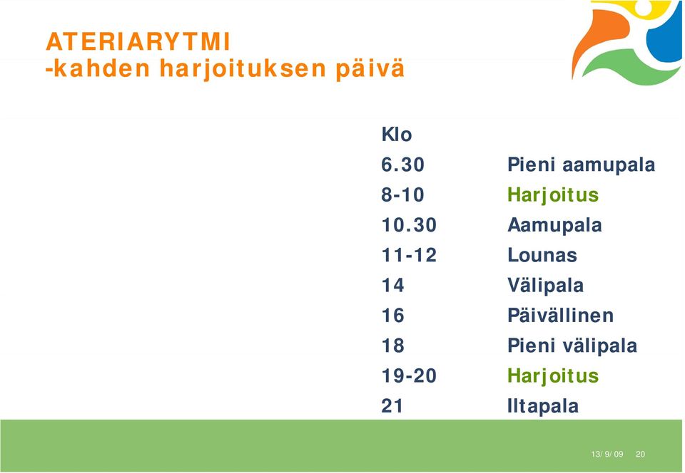 30 Aamupala 11-12 Lounas 14 Välipala 16