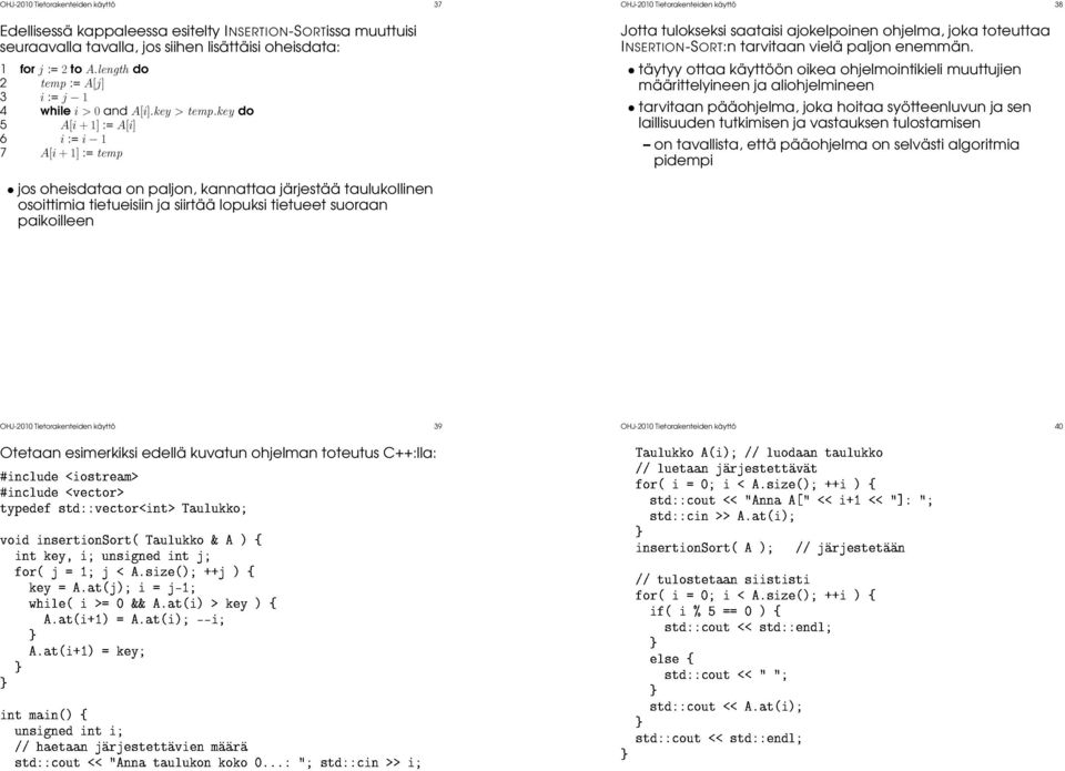 Ø ÓÙØ º Ø µ Ð OHJ-2010 Tietorakenteiden käyttö 37 Edellisessä kappaleessa esitelty INSERTION-SORTissa muuttuisi seuraavalla tavalla, jos siihen lisättäisi oheisdata: 1 for j := 2 to A.