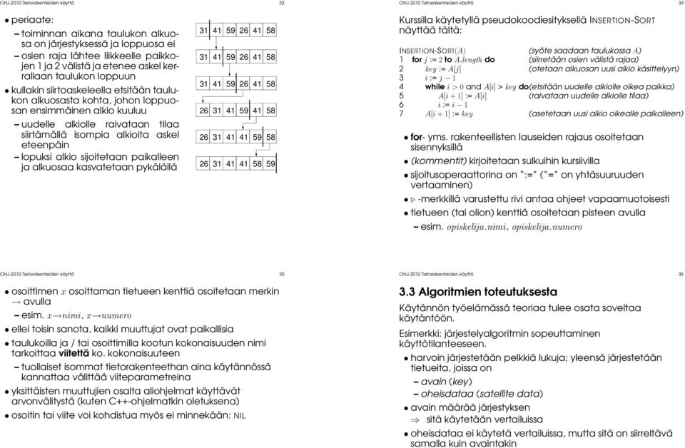 siirtämällä isompia alkioita askel eteenpäin lopuksi alkio sijoitetaan paikalleen ja alkuosaa kasvatetaan pykälällä 31 31 31 26 26 26 41 41 41 31 31 31 59 59 59 41 41 41 26 26 26 59 41 41 41 41 41 41