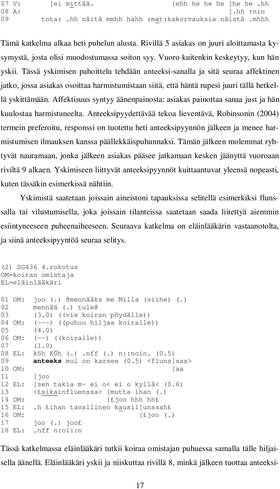 Tässä yskimisen pahoittelu tehdään anteeksi-sanalla ja sitä seuraa affektinen jatko, jossa asiakas osoittaa harmistumistaan siitä, että häntä rupesi juuri tällä hetkellä yskittämään.