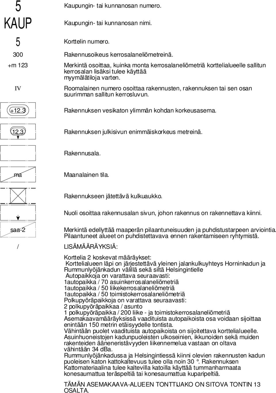 Roomalainen numero osoittaa rakennusten, rakennuksen tai sen osan suurimman sallitun kerrosluvun. +. Rakennuksen vesikaton ylimmän kohdan korkeusasema.. Rakennuksen julkisivun enimmäiskorkeus metreinä.