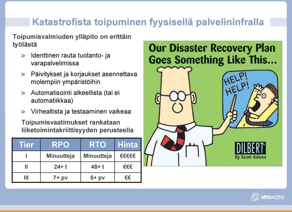 Automatisointi alkeellista (tai ei automatiikkaa) Virhealtista ja testaaminen vaikeaa Toipumisvaatimukset