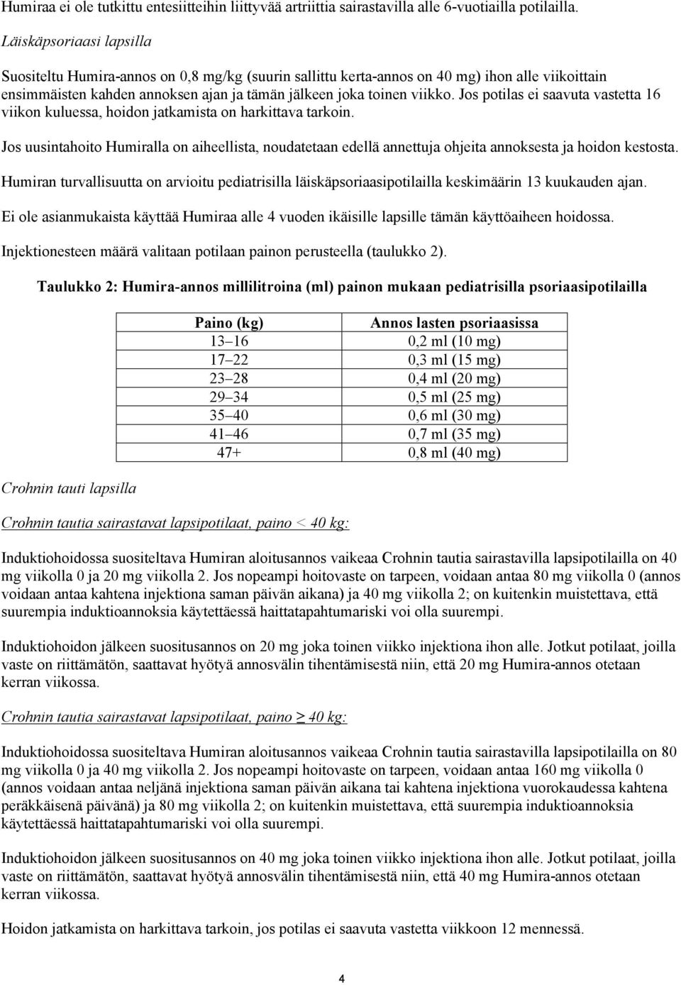 Jos potilas ei saavuta vastetta 16 viikon kuluessa, hoidon jatkamista on harkittava tarkoin.