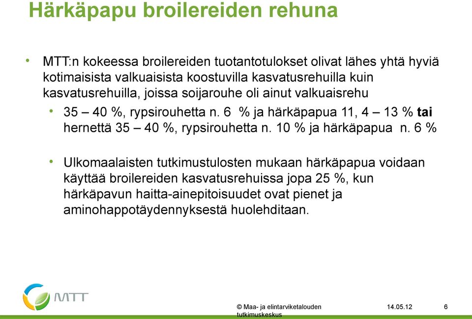 6 % ja härkäpapua 11, 4 13 % tai hernettä 35 40 %, rypsirouhetta n. 10 % ja härkäpapua n.