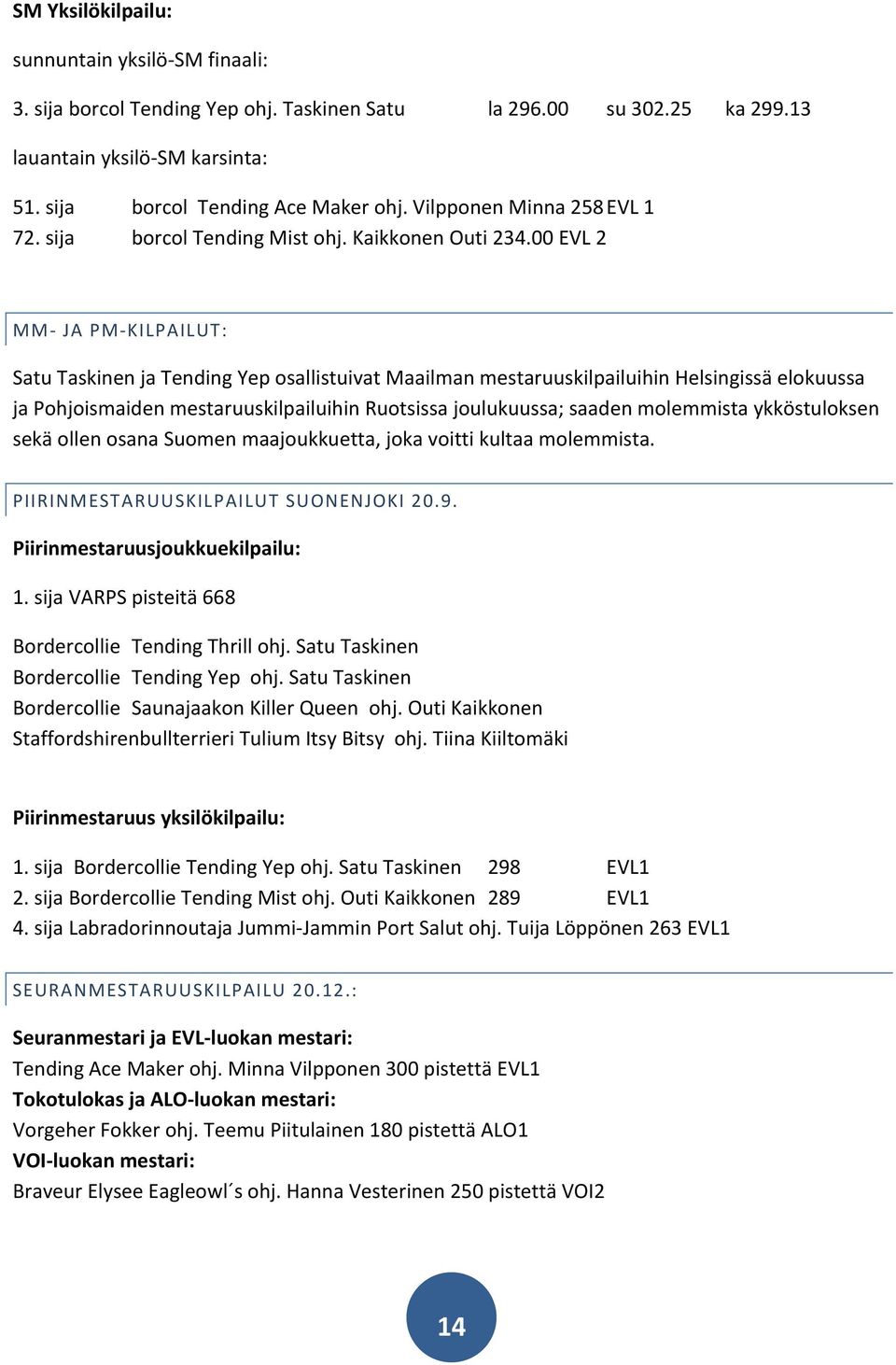 00 EVL 2 MM- JA PM- KILPAILUT: Satu Taskinen ja Tending Yep osallistuivat Maailman mestaruuskilpailuihin Helsingissä elokuussa ja Pohjoismaiden mestaruuskilpailuihin Ruotsissa joulukuussa; saaden