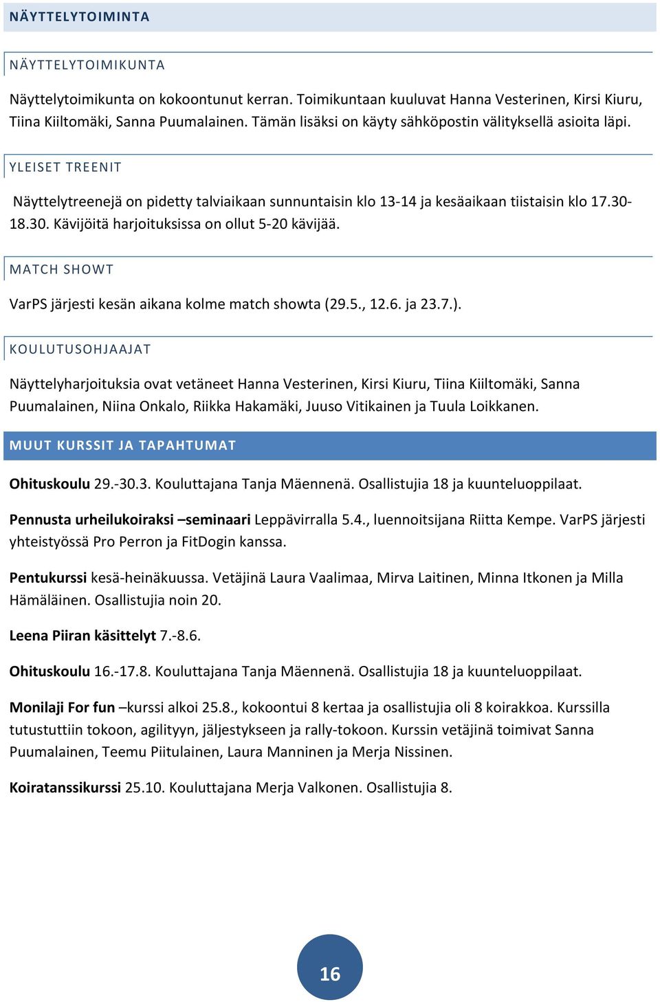 18.30. Kävijöitä harjoituksissa on ollut 5-20 kävijää. MATCH SHOWT VarPS järjesti kesän aikana kolme match showta (29.5., 12.6. ja 23.7.).