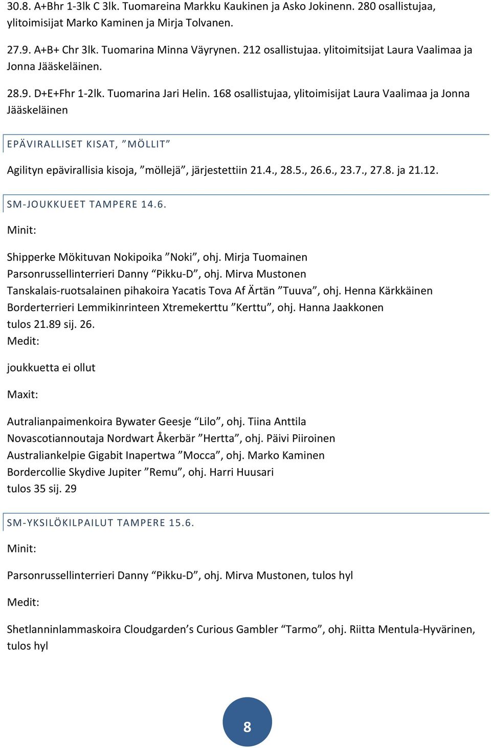 168 osallistujaa, ylitoimisijat Laura Vaalimaa ja Jonna Jääskeläinen EPÄVIRALLISET KISAT, MÖLLIT Agilityn epävirallisia kisoja, möllejä, järjestettiin 21.4., 28.5., 26.6., 23.7., 27.8. ja 21.12.