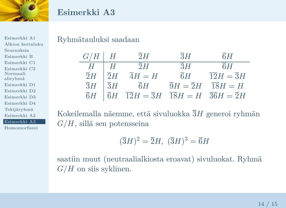 sivuluokka 3H generoi ryhmän G/H, sillä sen potensseina 3H 2 = 2H, 3H 3 = 6H