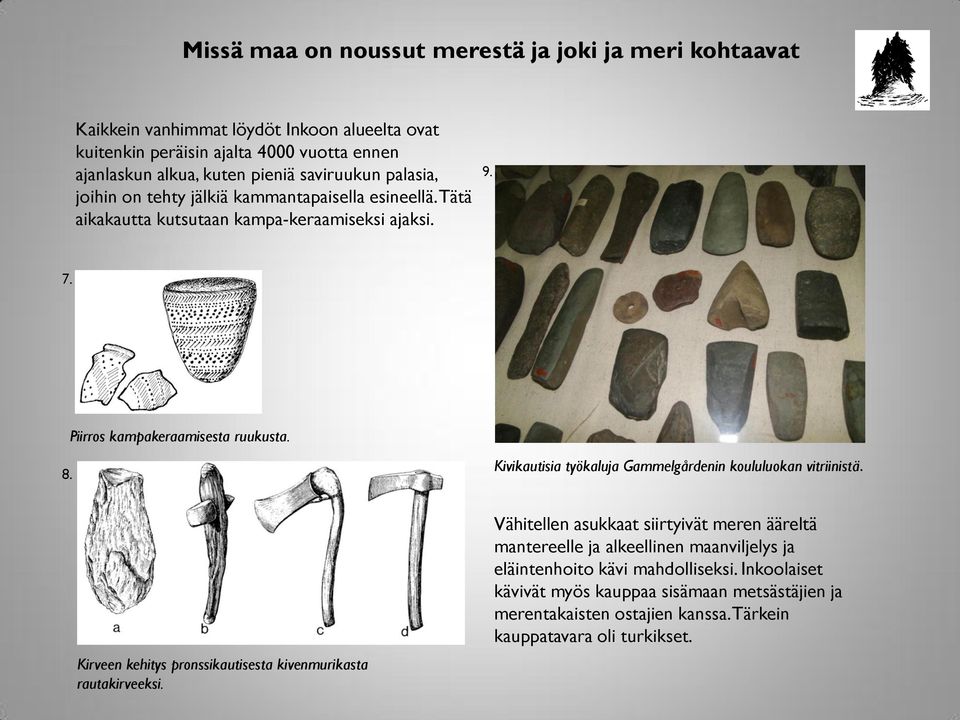 Kivikautisia työkaluja Gammelgårdenin koululuokan vitriinistä. Kirveen kehitys pronssikautisesta kivenmurikasta rautakirveeksi.