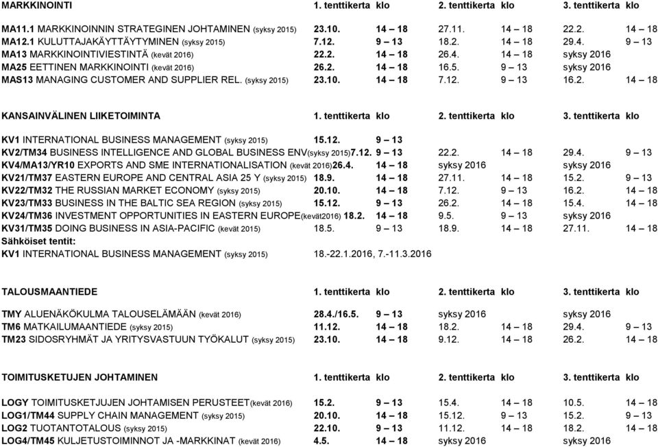 5. 9 13 syksy 2016 MAS13 MANAGING CUSTOMER AND SUPPLIER REL. (syksy 2015) 23.10. 14 18 7.12. 9 13 16.2. 14 18 KANSAINVÄLINEN LIIKETOIMINTA 1. tenttikerta klo 2. tenttikerta klo 3.