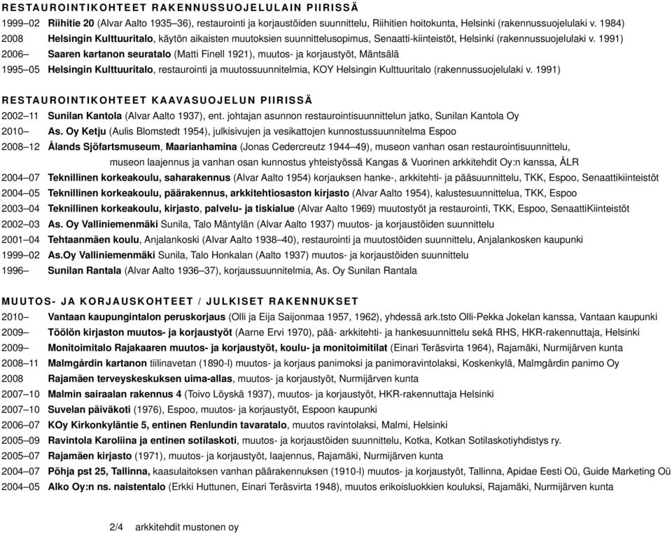 1991) 2006 Saaren kartanon seuratalo (Matti Finell 1921), muutos- ja korjaustyöt, Mäntsälä 1995 05 Helsingin Kulttuuritalo, restaurointi ja muutossuunnitelmia, KOY Helsingin Kulttuuritalo