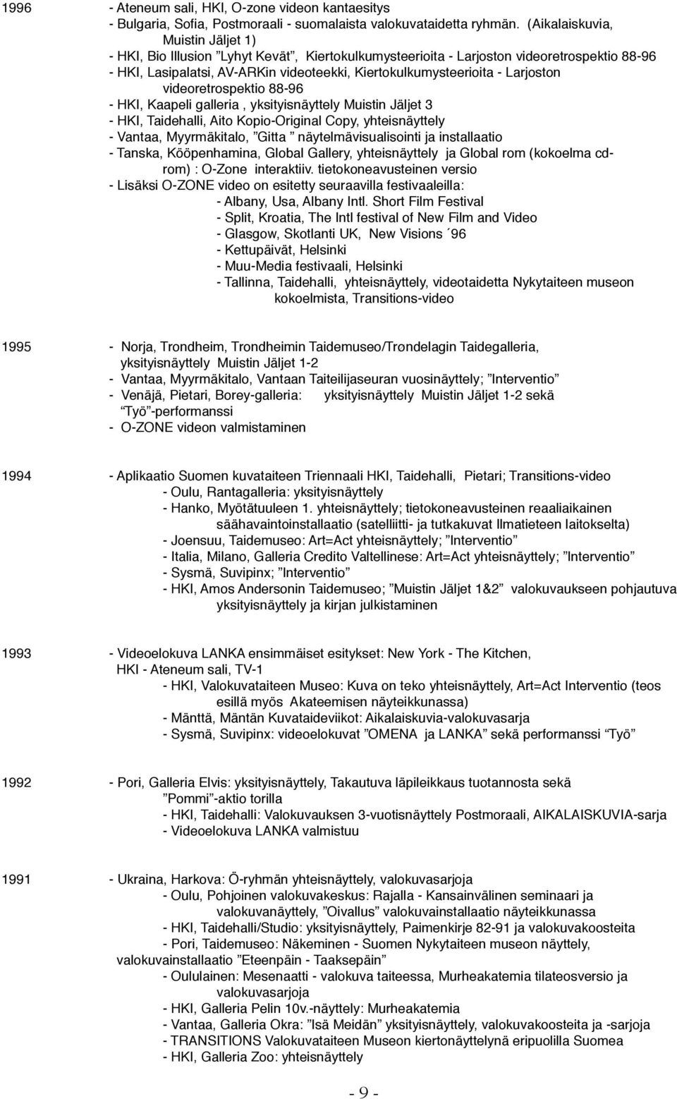 Larjoston videoretrospektio 88-96 - HKI, Kaapeli galleria, yksityisnäyttely Muistin Jäljet 3 - HKI, Taidehalli, Aito Kopio-Original Copy, yhteisnäyttely - Vantaa, Myyrmäkitalo, Gitta