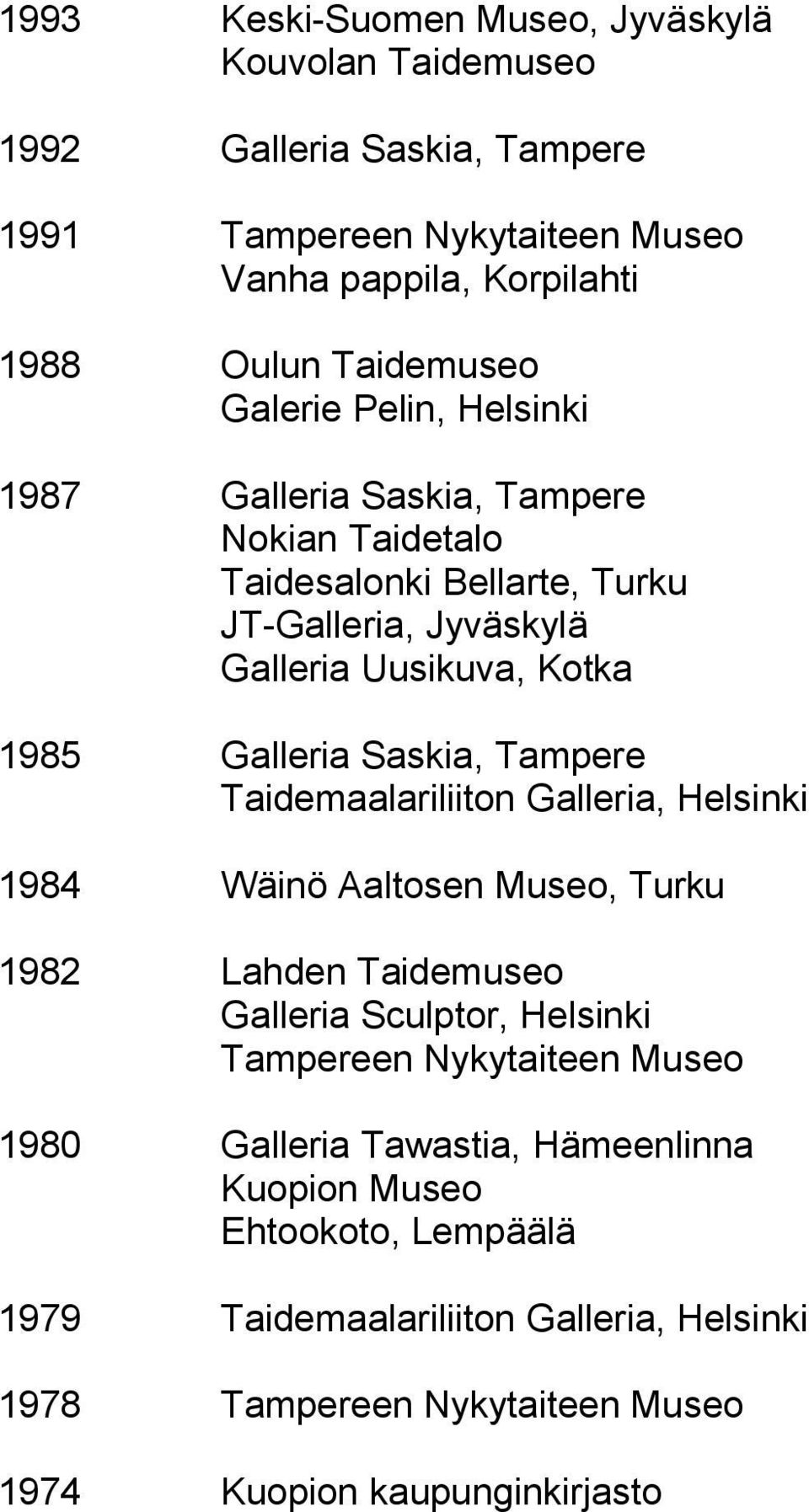 Saskia, Tampere Taidemaalariliiton Galleria, Helsinki 1984 Wäinö Aaltosen Museo, Turku 1982 Lahden Taidemuseo Galleria Sculptor, Helsinki Tampereen Nykytaiteen Museo