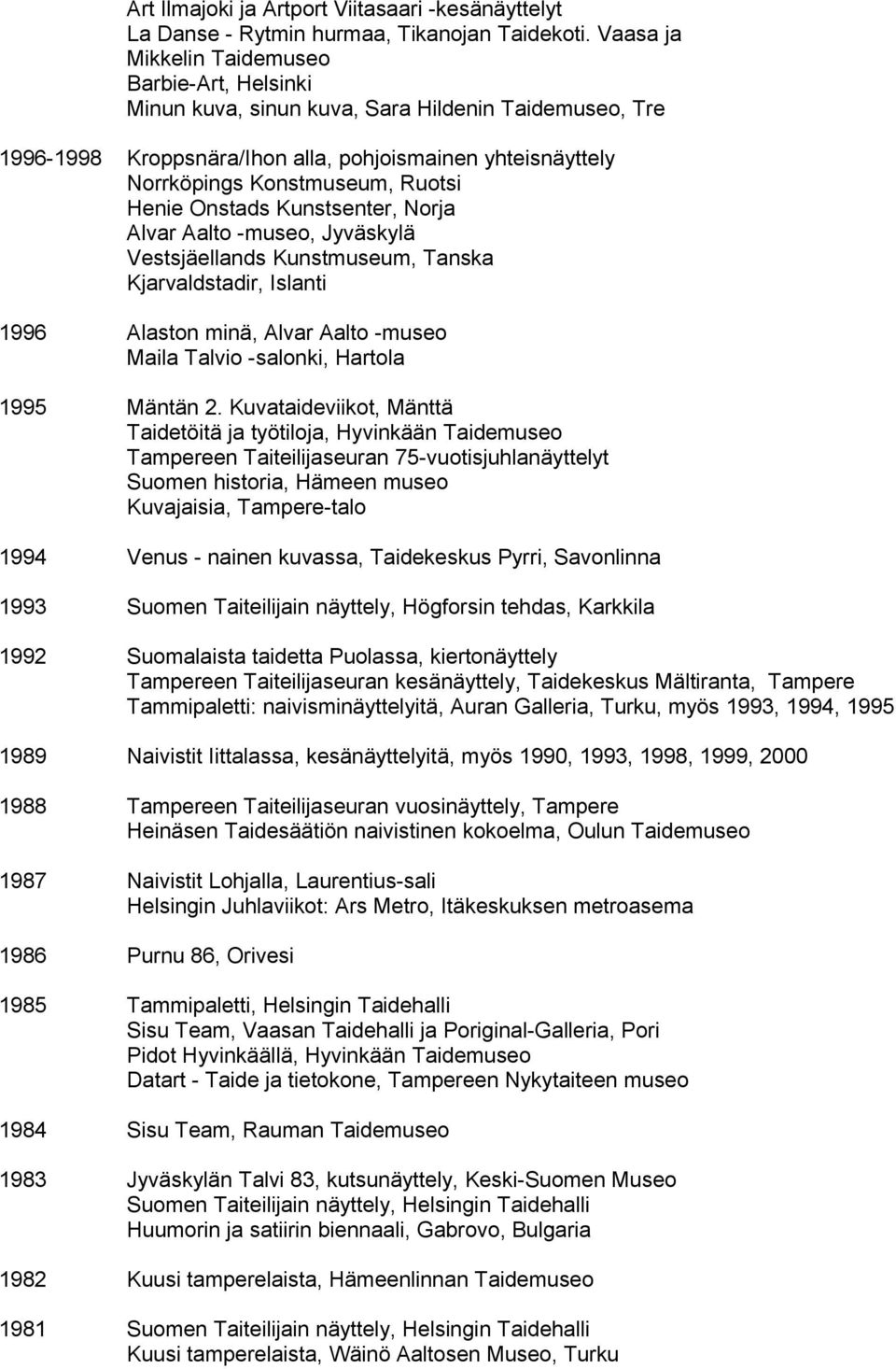 Henie Onstads Kunstsenter, Norja Alvar Aalto -museo, Jyväskylä Vestsjäellands Kunstmuseum, Tanska Kjarvaldstadir, Islanti 1996 Alaston minä, Alvar Aalto -museo Maila Talvio -salonki, Hartola 1995