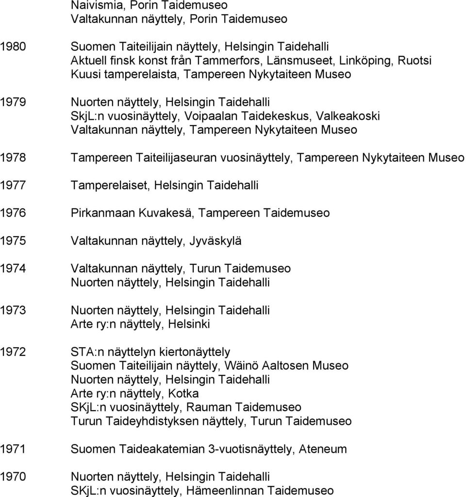 Tampereen Taiteilijaseuran vuosinäyttely, Tampereen Nykytaiteen Museo 1977 Tamperelaiset, Helsingin Taidehalli 1976 Pirkanmaan Kuvakesä, Tampereen Taidemuseo 1975 Valtakunnan näyttely, Jyväskylä 1974