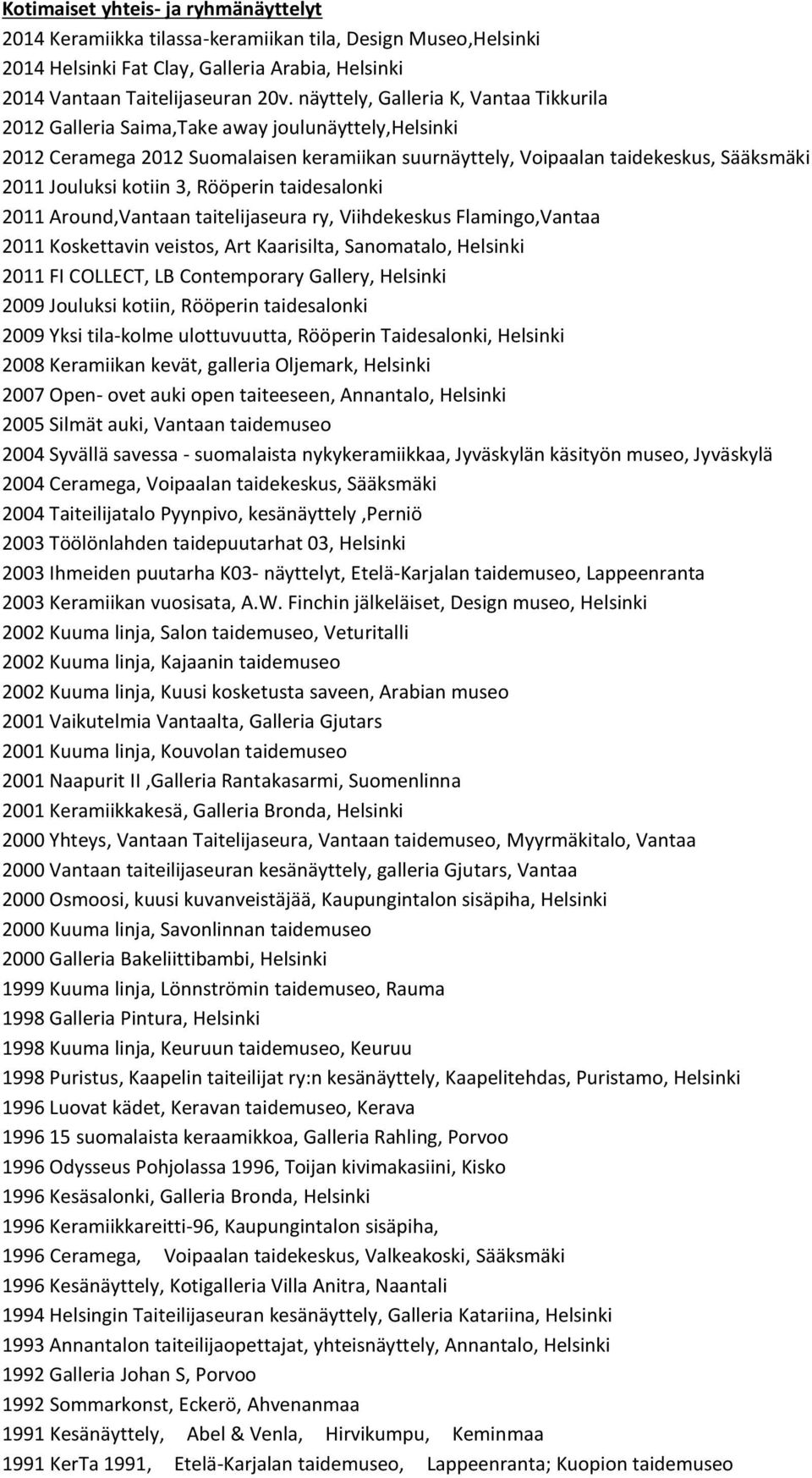 kotiin 3, Rööperin taidesalonki 2011 Around,Vantaan taitelijaseura ry, Viihdekeskus Flamingo,Vantaa 2011 Koskettavin veistos, Art Kaarisilta, Sanomatalo, Helsinki 2011 FI COLLECT, LB Contemporary