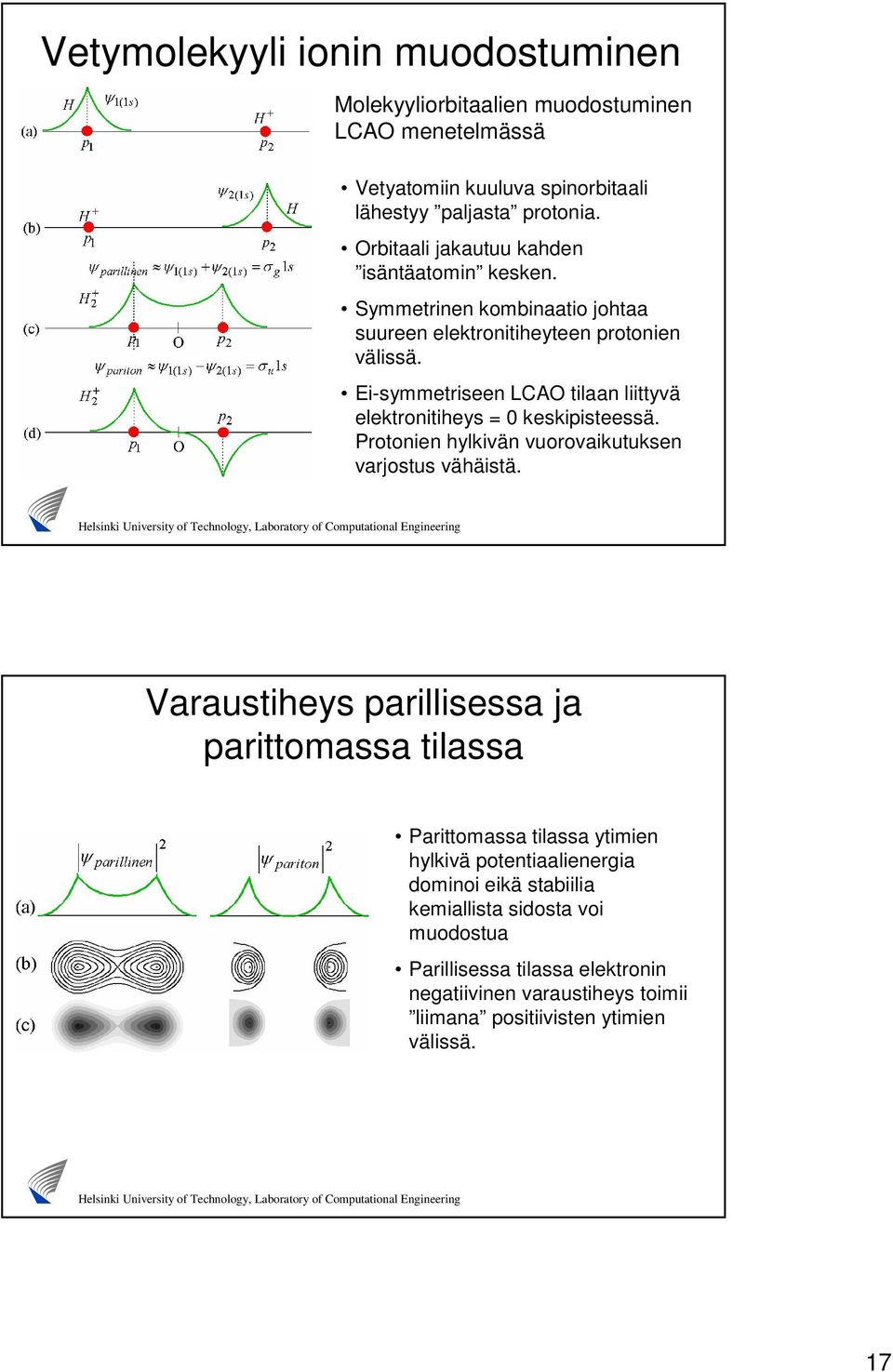 Ei-symmetriseen LCAO tilaan liittyvä elektronitiheys = 0 keskipisteessä. Protonien hylkivän vuorovaikutuksen varjostus vähäistä.