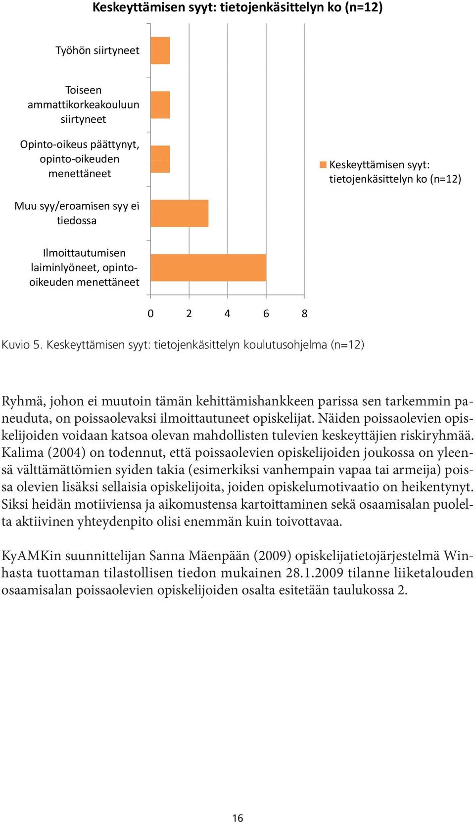 Keskeyttämisen syyt: tietojenkäsittelyn koulutusohjelma (n=12) Ryhmä, johon ei muutoin tämän kehittämishankkeen parissa sen tarkemmin paneuduta, on poissaolevaksi ilmoittautuneet opiskelijat.