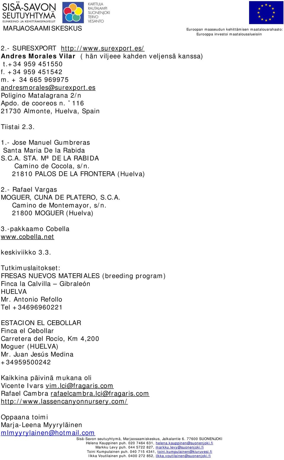 21810 PALOS DE LA FRONTERA (Huelva) 2.- Rafael Vargas MOGUER, CUNA DE PLATERO, S.C.A. Camino de Montemayor, s/n. 21800 MOGUER (Huelva) 3.