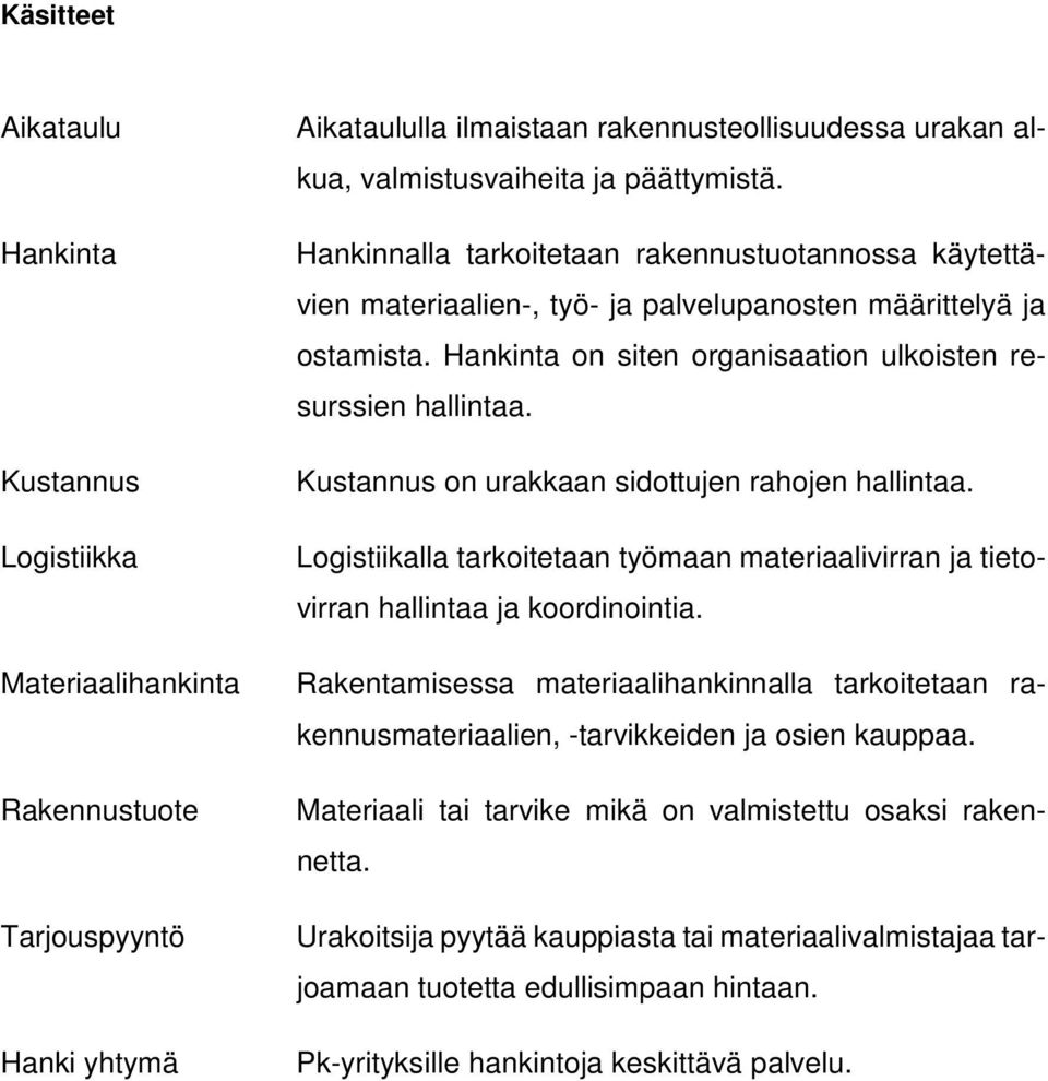 Kustannus on urakkaan sidottujen rahojen hallintaa. Logistiikalla tarkoitetaan työmaan materiaalivirran ja tietovirran hallintaa ja koordinointia.