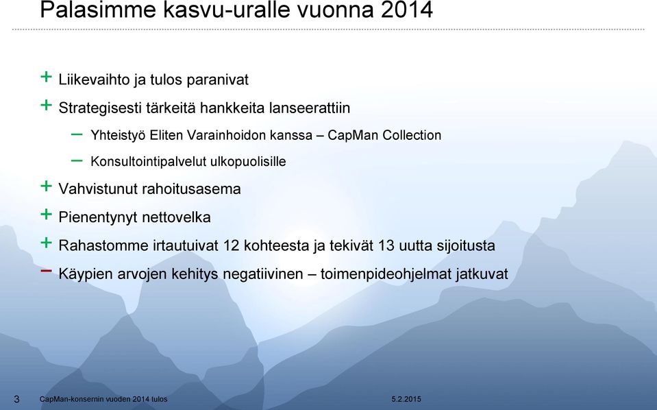 Konsultointipalvelut ulkopuolisille + Vahvistunut rahoitusasema + Pienentynyt nettovelka +