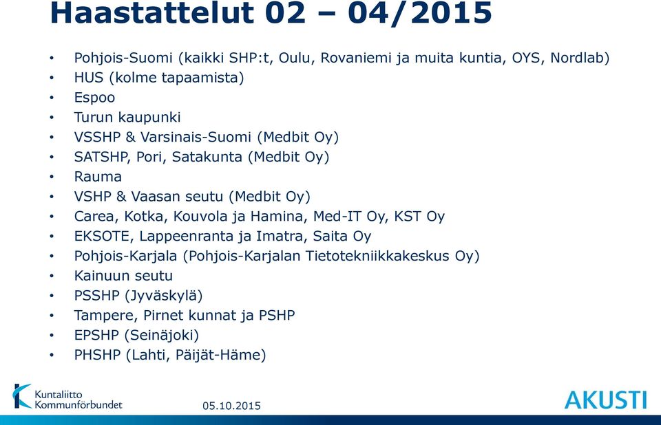 Oy) Carea, Kotka, Kouvola ja Hamina, Med-IT Oy, KST Oy EKSOTE, Lappeenranta ja Imatra, Saita Oy Pohjois-Karjala