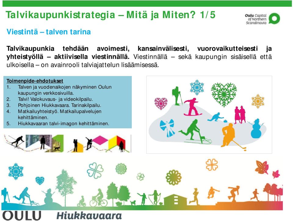 viestinnällä. Viestinnällä sekä kaupungin sisäisellä että ulkoisella on avainrooli talviajattelun lisäämisessä. Toimenpide-ehdotukset 1.