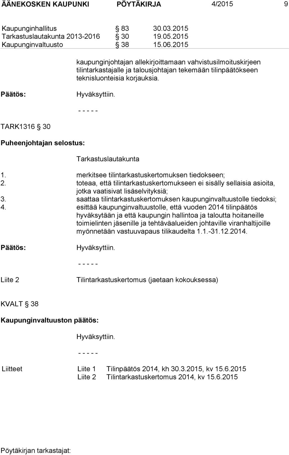 Päätös: TARK1316 30 Puheenjohtajan selostus: Tarkastuslautakunta 1. merkitsee tilintarkastuskertomuksen tiedokseen; 2.