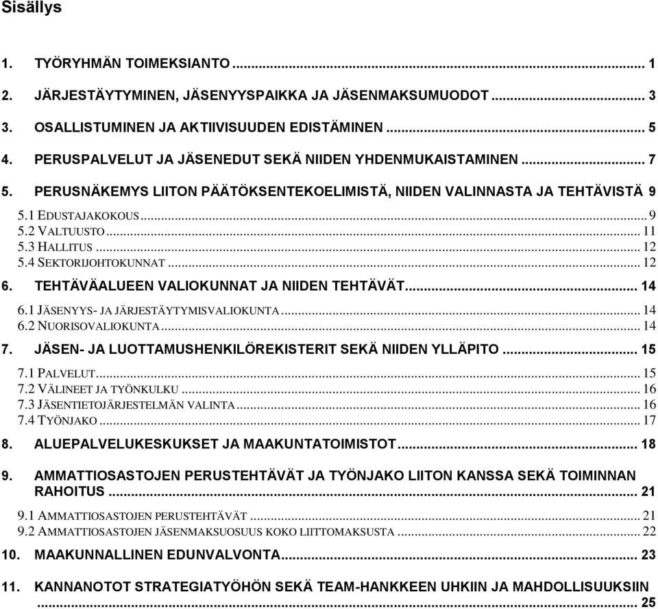 .. 12 5.4 SEKTORIJOHTOKUNNAT... 12 6. TEHTÄVÄALUEEN VALIOKUNNAT JA NIIDEN TEHTÄVÄT... 14 6.1 JÄSENYYS- JA JÄRJESTÄYTYMISVALIOKUNTA... 14 6.2 NUORISOVALIOKUNTA... 14 7.