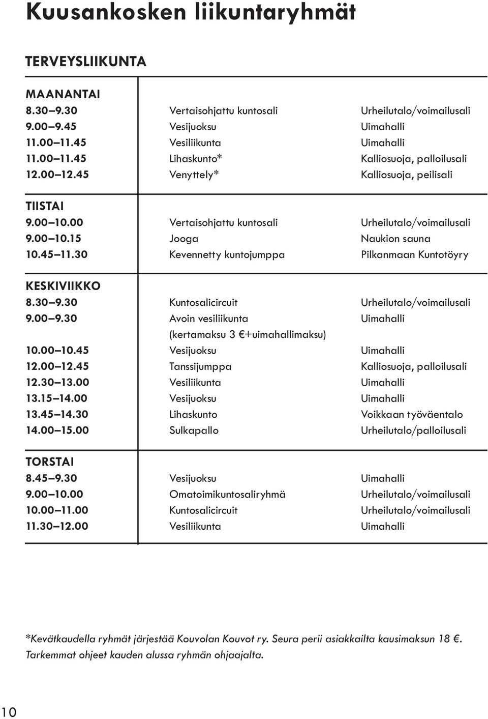 30 Kevennetty kuntojumppa Pilkanmaan Kuntotöyry KESKIVIIKKO 8.30 9.30 Kuntosalicircuit Urheilutalo/voimailusali 9.00 9.30 Avoin vesiliikunta Uimahalli (kertamaksu 3 +uimahallimaksu) 10.00 10.