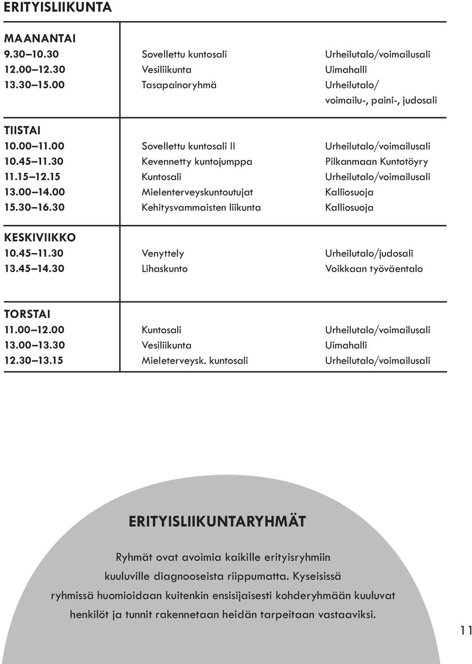 00 Mielenterveyskuntoutujat Kalliosuoja 15.30 16.30 Kehitysvammaisten liikunta Kalliosuoja KESKIVIIKKO 10.45 11.30 Venyttely Urheilutalo/judosali 13.45 14.