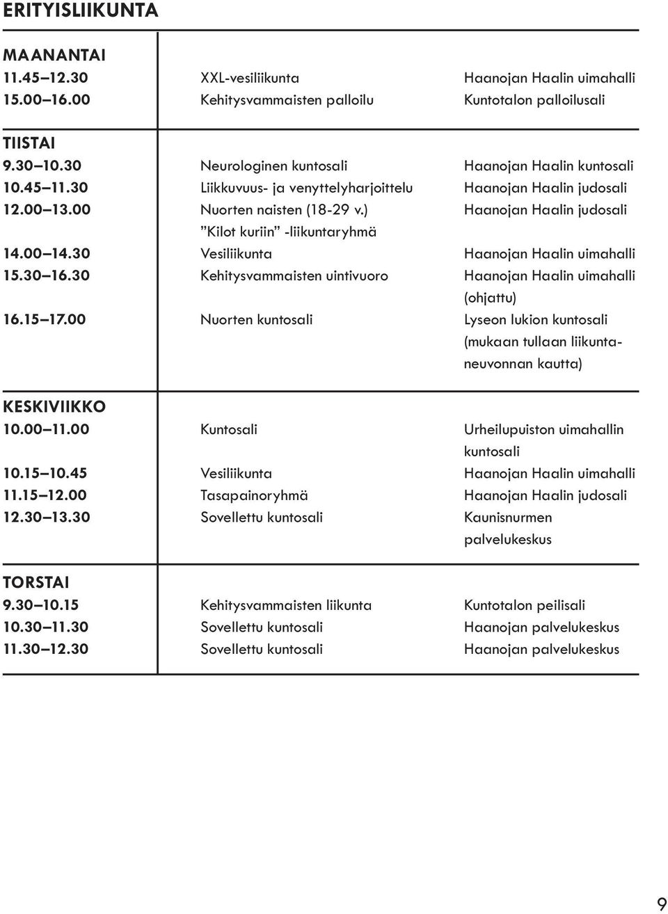 ) Haanojan Haalin judosali Kilot kuriin -liikuntaryhmä 14.00 14.30 Vesiliikunta Haanojan Haalin uimahalli 15.30 16.30 Kehitysvammaisten uintivuoro Haanojan Haalin uimahalli (ohjattu) 16.15 17.