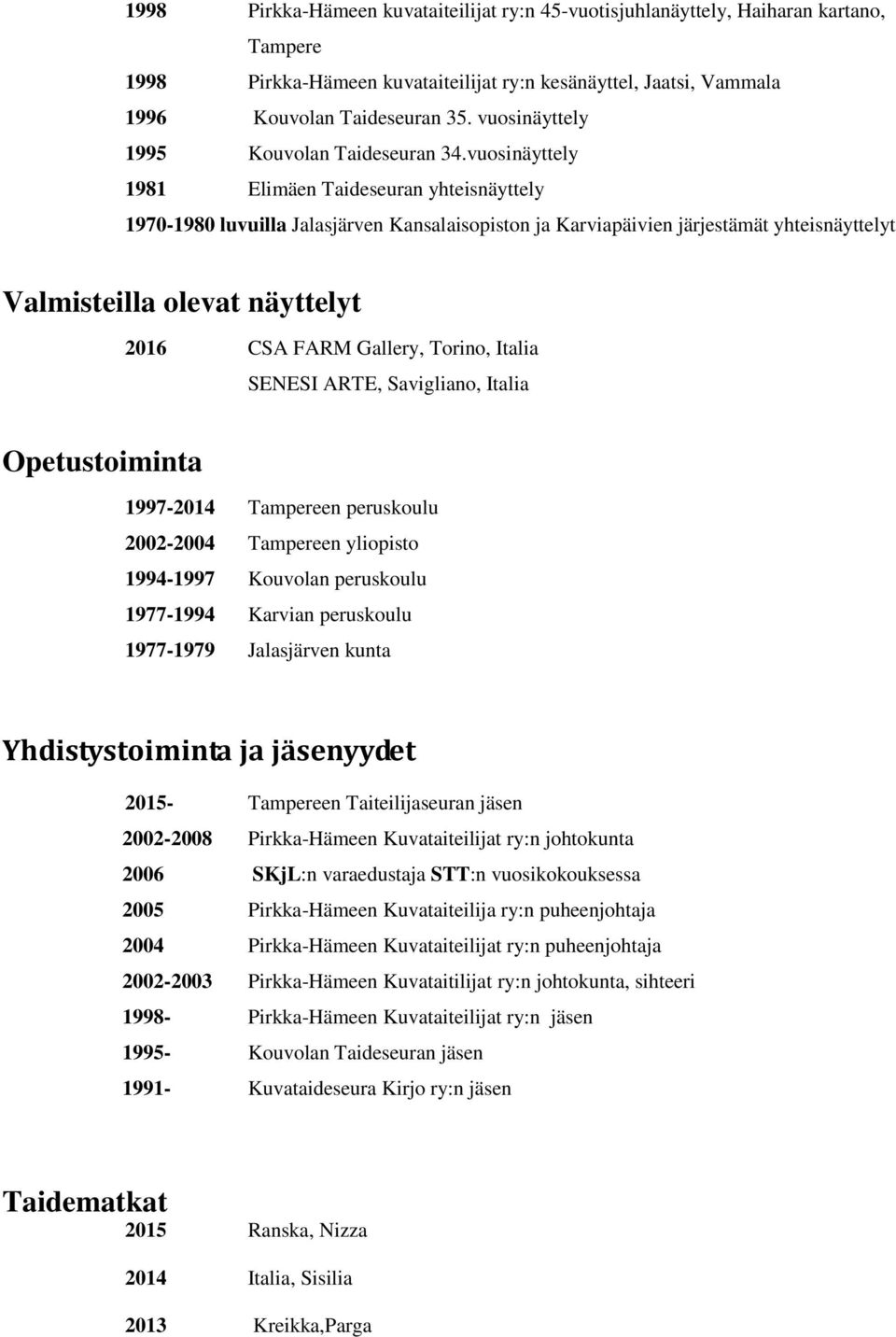 vuosinäyttely 1981 Elimäen Taideseuran yhteisnäyttely 1970-1980 luvuilla Jalasjärven Kansalaisopiston ja Karviapäivien järjestämät yhteisnäyttelyt Valmisteilla olevat näyttelyt 2016 CSA FARM Gallery,